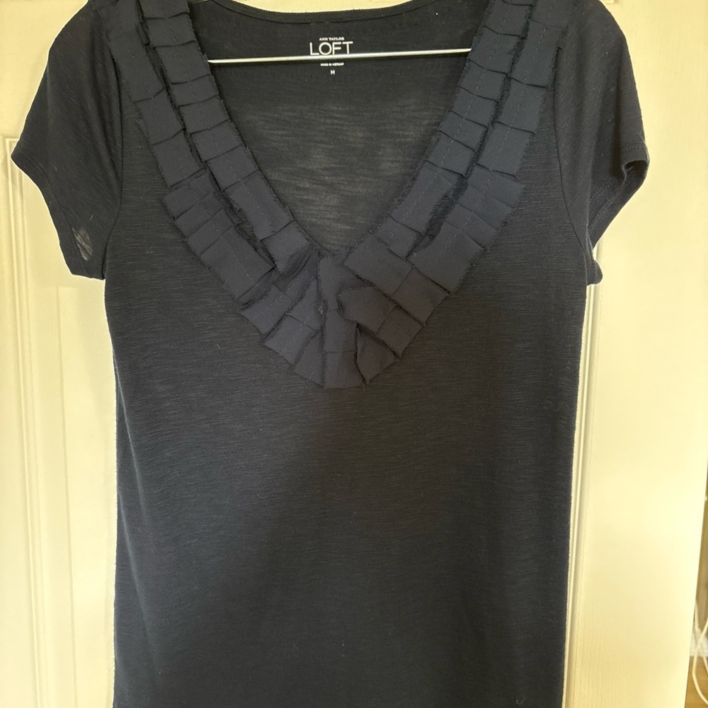LOFT Women's Dark Blue Ruffle V-Neck Blouse